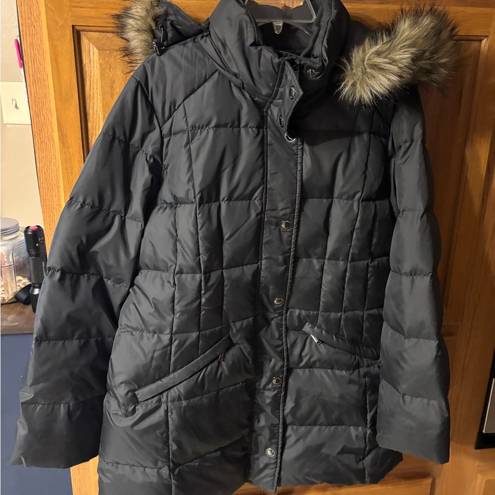 London Fog Charcoal Puffer Jacket with Faux Fur Trim